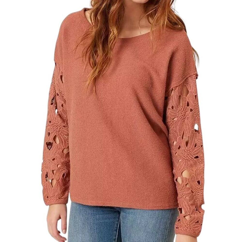 Gimmicks by Buckle Crochet Sleeve Tulip Back Copper Brown Top XS